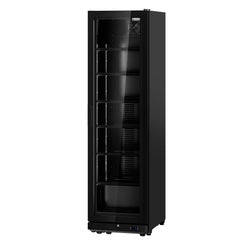 Szafa chłodnicza przeszklona PREMIUM - 355L-595mm - bezramowe drzwi - 1-drzwiowa, drzwi skrzydłowe, drzwi szklane - oświetlenie LED - sterowanie elektroniczne - cyfrowy wyświetlacz temperatury - Czarna - Dla PL - 0–7°C