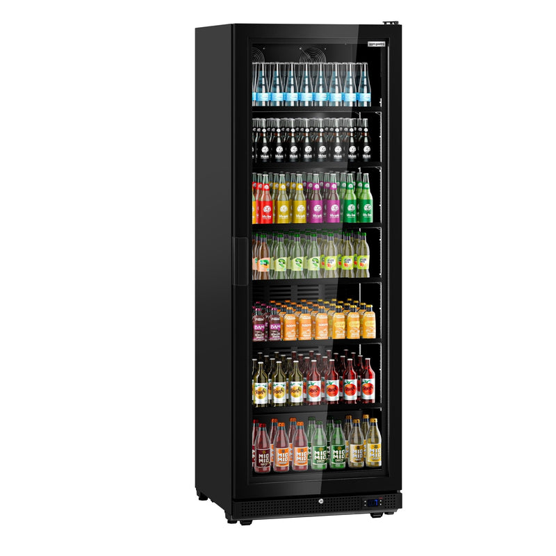 Szafa chłodnicza przeszklona PREMIUM - 455L-750mm - bezramowe drzwi - 1-drzwiowa, drzwi skrzydłowe, drzwi szklane - oświetlenie LED - sterowanie elektroniczne - cyfrowy wyświetlacz temperatury - Czarna - Dla PL - 0–7°C