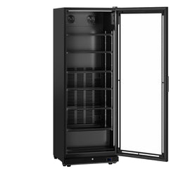 Szafa chłodnicza przeszklona PREMIUM - 455L-750mm - bezramowe drzwi - 1-drzwiowa, drzwi skrzydłowe, drzwi szklane - oświetlenie LED - sterowanie elektroniczne - cyfrowy wyświetlacz temperatury - Czarna - Dla PL - 0–7°C