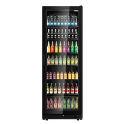 Szafa chłodnicza przeszklona PREMIUM - 455L-750mm - bezramowe drzwi - 1-drzwiowa, drzwi skrzydłowe, drzwi szklane - oświetlenie LED - sterowanie elektroniczne - cyfrowy wyświetlacz temperatury - Czarna - Dla PL - 0–7°C