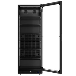 Szafa chłodnicza przeszklona PREMIUM - 455L-750mm - bezramowe drzwi - 1-drzwiowa, drzwi skrzydłowe, drzwi szklane - oświetlenie LED - sterowanie elektroniczne - cyfrowy wyświetlacz temperatury - Czarna - Dla PL - 0–7°C