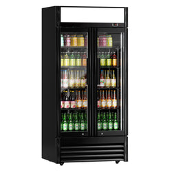 Szafa chłodnicza przeszklona - 630L- 925mm - 2-drzwiowa, drzwi skrzydłowe, drzwi szklane - oświetlenie LED - cyfrowy wyświetlacz temperatury - Czarna - Dla PL - 2–8°C