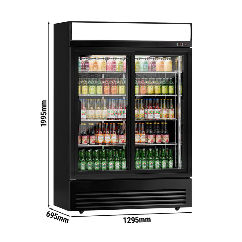 Szafa chłodnicza przeszklona - 880L - 1295mm - 2‑drzwiowa, drzwi suwane, drzwi szklane - oświetlenie LED - Czarna - Dla PL - 2–8°C