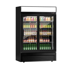 Szafa chłodnicza przeszklona - 880L - 1295mm - 2‑drzwiowa, drzwi suwane, drzwi szklane - oświetlenie LED - Czarna - Dla PL - 2–8°C
