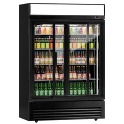 Szafa chłodnicza przeszklona - 880L-1295mm - 2‑drzwiowa, drzwi suwane, drzwi szklane - oświetlenie LED - Czarna - Dla PL - 2–8°C