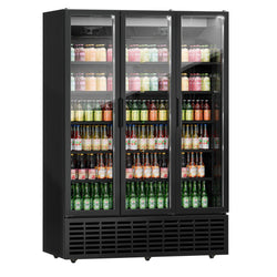 Szafa chłodnicza przeszklona - 1500L-1500mm - 3-drzwiowa, drzwi skrzydłowe, drzwi szklane - oświetlenie LED - Czarna - Dla PL - 1–9°C