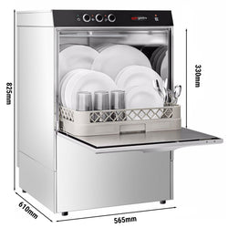 Undercounter Commercial Dishwasher - 500mm Basket - Manual Controls - 4.9kW - with Drain, Rinse Aid & Detergent Pumps