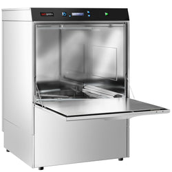 Zmywarko - wyparzarka podblatowa do naczyń - dwupłaszczowa - Sterowanie elektroniczne (cyfrowe) - 3,9kW - kosz 500x500mm - z wbudowanym zmiękczaczem wody - z dozownikami detergentu i nabłyszczacza oraz pompą spustową