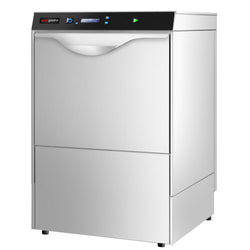 Double-skinned Undercounter Commercial Dishwasher - 500mm Basket - Digital Controls - 3.9kW - with Integrated Water Softener - with Drain, Rinse Aid & Detergent Pumps