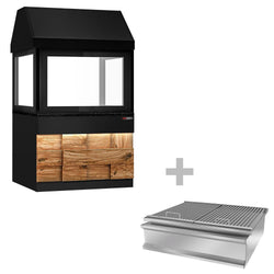 Grill na węgiel drzewny TORONTO - 1100 mm - drewniany panel przedni - blat roboczy kuchenny z czarnego granitu - szyba żaroodporna