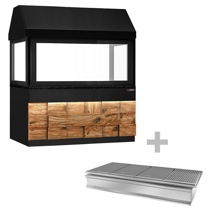 Grill na węgiel drzewny TORONTO - 1900 mm - drewniany panel przedni - blat roboczy kuchenny z czarnego granitu - szyba żaroodporna