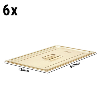 (6 szt.) CAMBRO | H-PAN™ - Żaroodporne płaskie pokrywki GN 1/1 - z uchwytem - bursztynowe - Prime Gastro