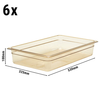 (6 szt.) CAMBRO | H-PAN™ - Żaroodporne pojemniki GN 1/1 - Bursztynowe - Głębokość 100 mm - Prime Gastro