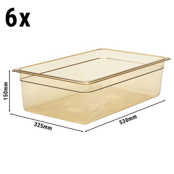 (6 szt.) CAMBRO | H-PAN™ - Żaroodporne pojemniki GN 1/1 - Bursztynowe - Głębokość 150 mm - Prime Gastro