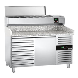 Stół chłodniczy do pizzy PREMIUM - 1500x800mm - z 1 drzwiami i 7 szufladami - włącznie z witryną chłodniczą nadstawną - 7x GN 1/4
