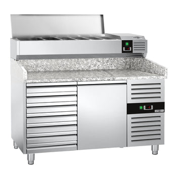 Stół chłodniczy do pizzy PREMIUM - 1500x800mm - z 1 drzwiami i 7 szufladami - włącznie z witryną chłodniczą nadstawną - 7x GN 1/4 - Prime Gastro