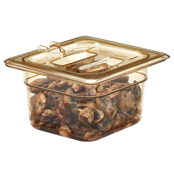 (6 szt.) CAMBRO | H-PAN™ - Żaroodporne płaskie pokrywki GN 1/6 - z uchwytem - bursztynowe - Prime Gastro
