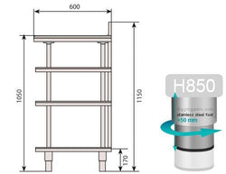 Stół roboczy barowy - stal nierdzewna - 1468 x 600 mm - z 4 półkami