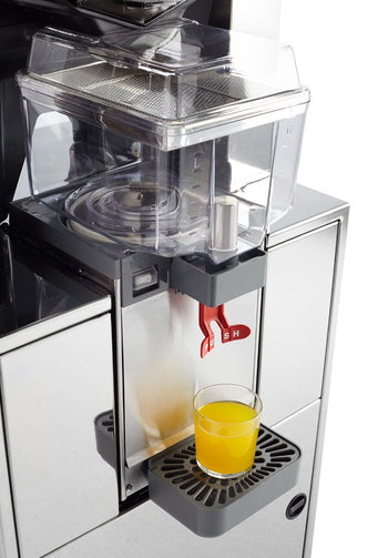 Elektryczna wyciskarka do pomarańczy - z chłodzeniem, automatycznym podawaniem owoców, przechowywaniem soku, trybem czyszczenia i podstawą - pomarańczowa - Prime Gastro