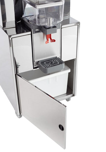 Elektryczna wyciskarka do pomarańczy - z chłodzeniem, automatycznym podawaniem owoców, schowkiem na sok i podstawą - srebrna - Prime Gastro