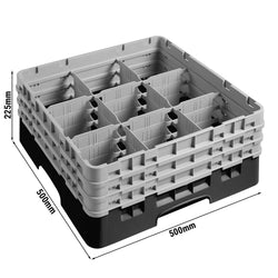 CAMBRO | CAMRACK® - kosz do mycia szklanek 1/1 - 9 przegródek - z 3 przedłużkami - 500x500mm - Czarny