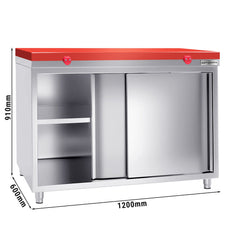 Szafka gastronomiczna robocza ze stali nierdzewnej PREMIUM - 1200x600 mm - z drzwiami przesuwnymi bez panelu tylnego, włącznie z deską do krojenia