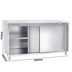 Szafka gastronomiczna robocza ze stali nierdzewnej PREMIUM - 1800x600 mm - z drzwiami przesuwnymi bez panelu tylnego, włącznie z deską do krojenia