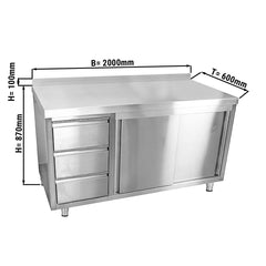 Szafka gastronomiczna robocza ze stali nierdzewnej ECO  - 2000x600 mm - z 3 szufladami po lewej stronie & panelem tylnym