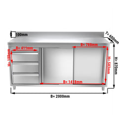 Szafka gastronomiczna robocza ze stali nierdzewnej PREMIUM - 2000x600 mm - z 3 szufladami po lewej stronie & panelem tylnym