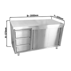 Szafka gastronomiczna robocza ze stali nierdzewnej ECO - 2000x600 mm - z 3 szufladami po lewej stronie bez panelu tylnego