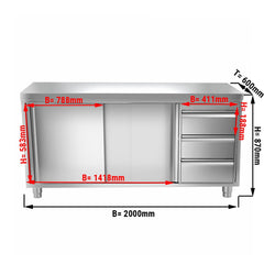 Szafka gastronomiczna robocza  ze stali nierdzewnej PREMIUM  - 2000x600 mm - z 3 szufladami po prawej stronie bez panelu tylnego