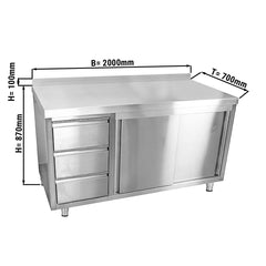 Szafka gastronomiczna robocza ze stali nierdzewnej ECO - 2000x700 mm - z 3 szufladami po lewej stronie & panelem tylnym