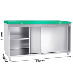 Szafka gastronomiczna robocza ze stali nierdzewnej PREMIUM - 2000x700 mm - z drzwiami przesuwnymi bez panelu tylnego, włącznie z deską do krojenia