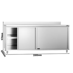 Szafka gastronomiczna robocza ze stali nierdzewnej PREMIUM - 2000x800 mm - z przesuwanymi drzwiami & panelem tylnym