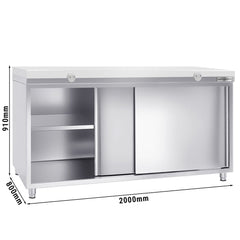 Szafka gastronomiczna robocza ze stali nierdzewnej PREMIUM - 2000x800mm - z drzwiami przesuwnymi bez panelu tylnego, włącznie z deską do krojenia