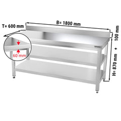 Stół gastronomiczny  roboczy ze stali nierdzewnej PREMIUM - 1800x600 mm - z półką dolną, panelem tylnym i półką pośrednią