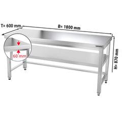 Stół gastronomiczny   roboczy ze stali nierdzewnej PREMIUM - 1800x600 mm - z dolną półką & rozpórką