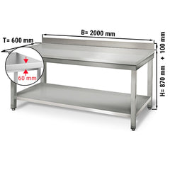 Stół gastronomiczny roboczy ze stali nierdzewnej ECO - 2000x600 mm - z półką dolną i panelem tylnym