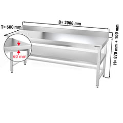 Stół gastronomiczny  roboczy ze stali nierdzewnej PREMIUM - 2000x600 mm - z dolną półką, panelem tylnym & rozpórką