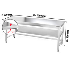 Stół gastronomiczny  roboczy ze stali nierdzewnej PREMIUM - 2000x600 mm - z dolną półką  & rozpórką