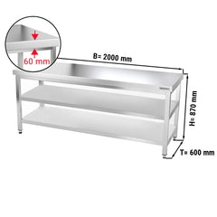 Stół gastronomiczny roboczy ze stali nierdzewnej PREMIUM - 2000x600 mm - z półką dolną i półką pośrednią