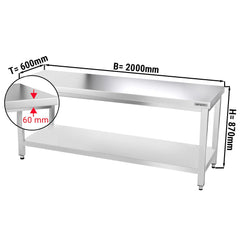 Stół gastronomiczny roboczy ze stali nierdzewnej PREMIUM  - 2000x600mm - z półką dolną bez panelu tylnego