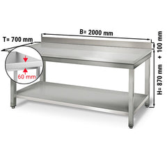 Stainless steel catering work table ECO - 2000x700 mm - with lower shelf and rear panel