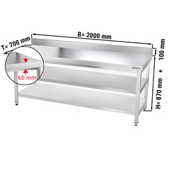 Stół gastronomiczny roboczy ze stali nierdzewnej PREMIUM - 2000x700 mm - z półką dolną, panelem tylnym i półką pośrednią