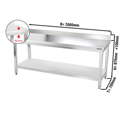 Stół gastronomiczny roboczy ze stali nierdzewnej PREMIUM - 2000x700mm - z półką dolną i panelem tylnym