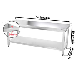 Stół  gastronomiczny roboczy ze stali nierdzewnej PREMIUM - 2000x700mm - z półką dolną bez panelu tylnego