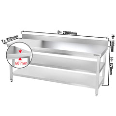 PREMIUM stainless steel work table - 2000x800 mm - with lower shelf, rear panel and intermediate shelf