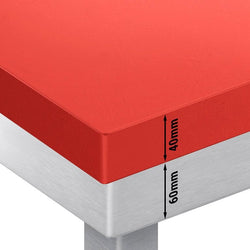 Stół roboczy ze stali nierdzewnej PREMIUM – 1600 x 600 mm – z podstawą – w zestawie z deską do krojenia w kolorze czerwonym