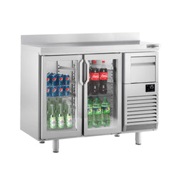 Stół chłodniczy barowy do napojów Premium PLUS - 1470 x 600 mm - z 2 szklanymi drzwiami, panelem tylnym & kołatką do kawy