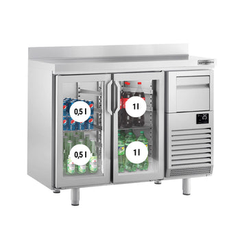 Stół chłodniczy barowy do napojów Premium PLUS - 1470 x 600 mm - z 2 szklanymi drzwiami, panelem tylnym & kołatką do kawy - Prime Gastro